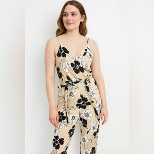 Dotti Black & Beige Floral Jumpsuit adjustable straps and zipper closure